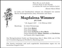 Traueranzeige Magdalena Wimmer