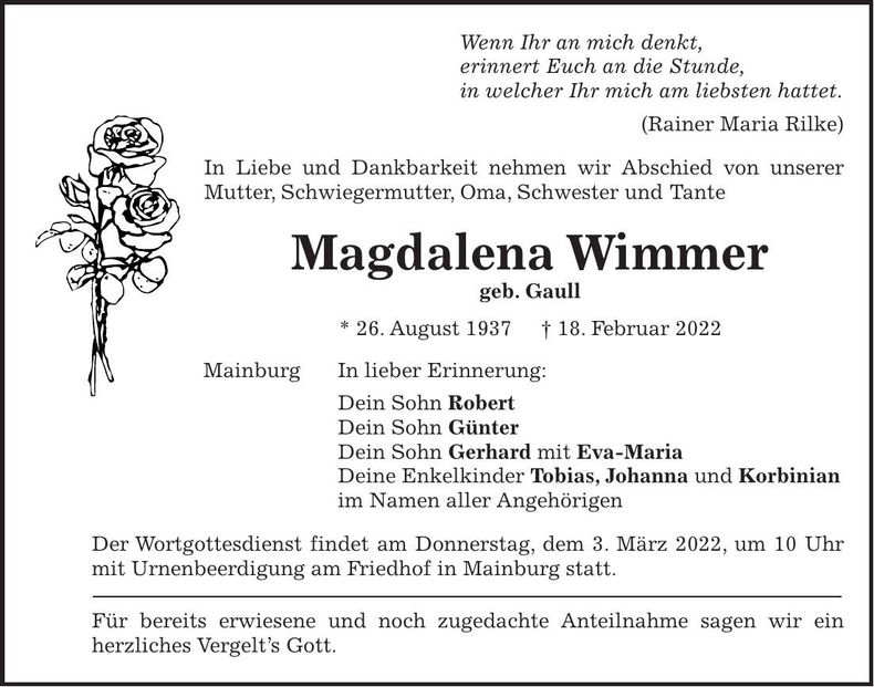 Traueranzeige Magdalena Wimmer