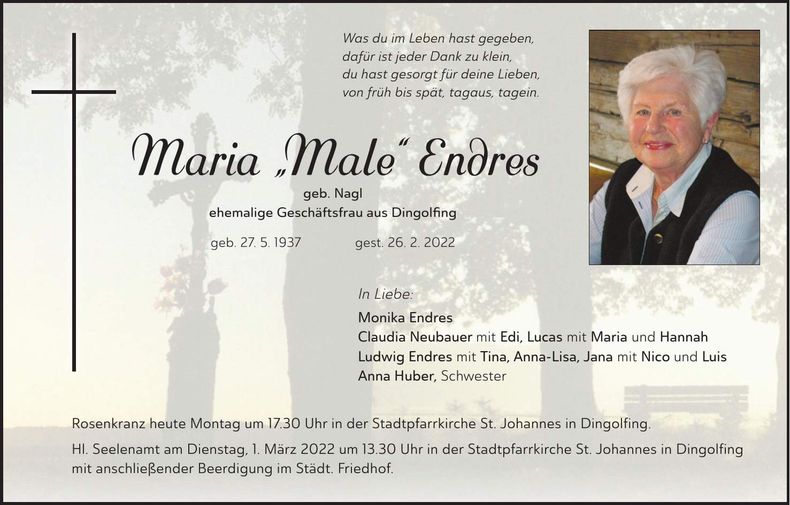 Traueranzeige Maria Endres