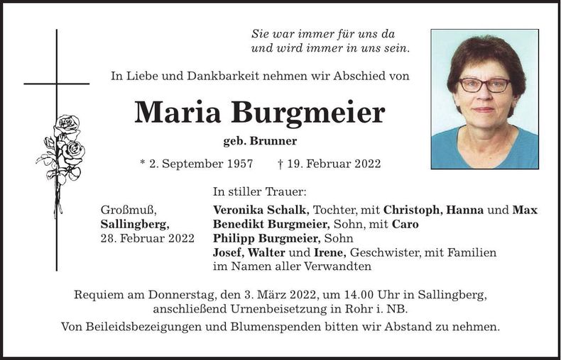 Traueranzeige Maria Burgmeier