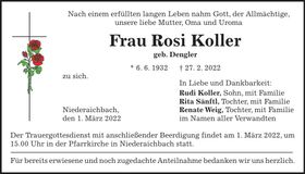 Traueranzeige Rosi Koller