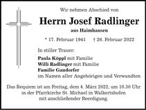 Traueranzeige Josef Radlinger