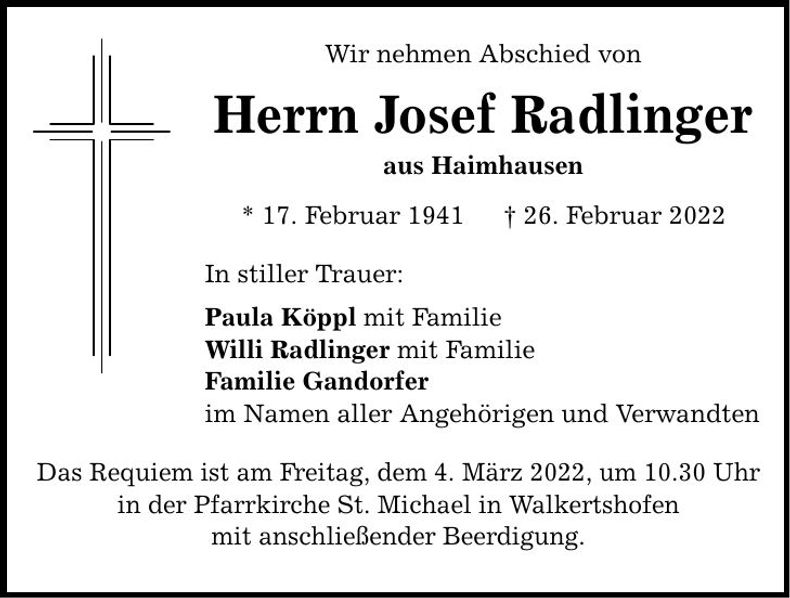 Traueranzeige Josef Radlinger