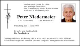 Traueranzeige Peter Niedermeier