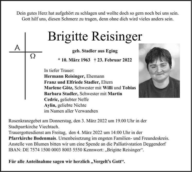 Traueranzeige Brigitte Reisinger