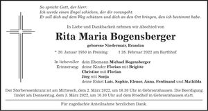 Traueranzeige Rita Maria Bogensberger