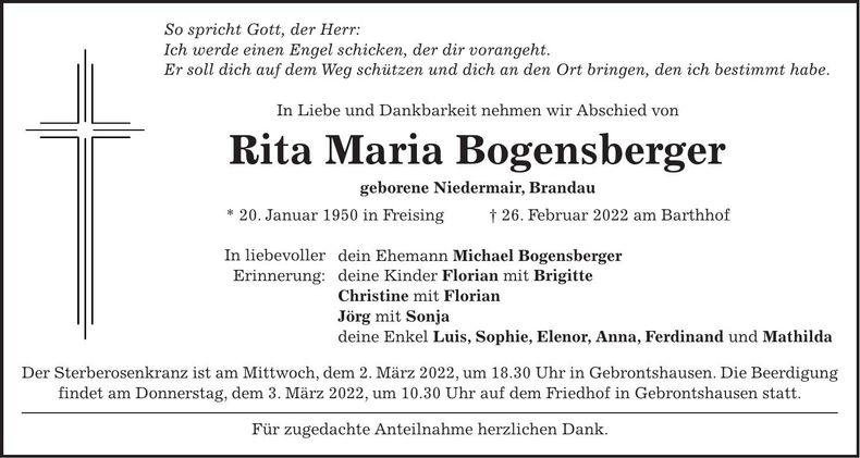 Traueranzeige Rita Maria Bogensberger