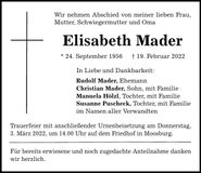 Traueranzeige Elisabeth Mader