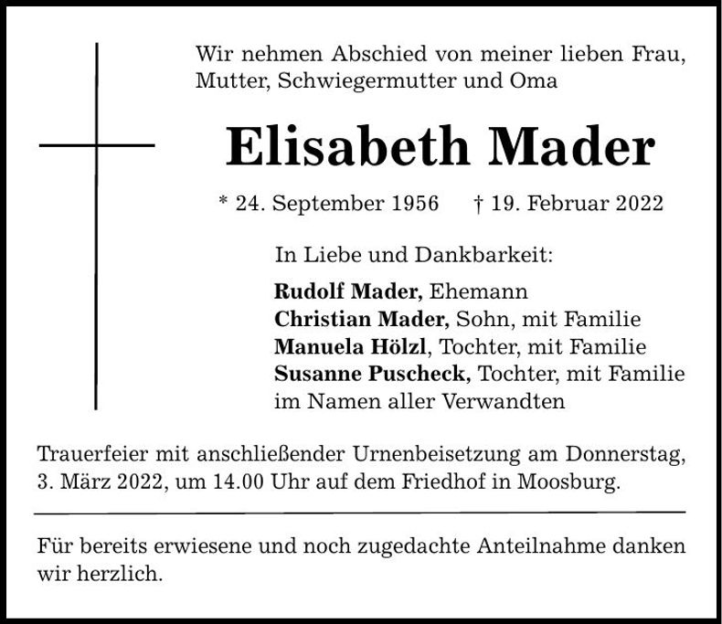 Traueranzeige Elisabeth Mader