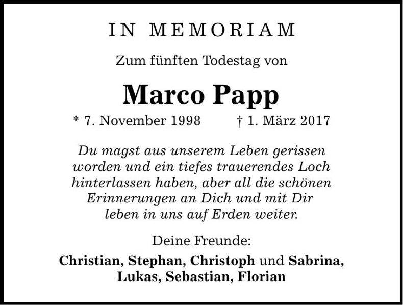 Traueranzeige Marco Papp