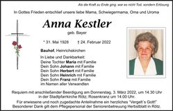 Traueranzeige Anna Kestler