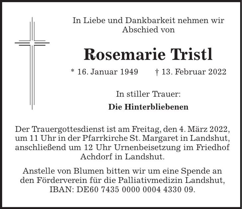 Traueranzeige Rosemarie Tristl