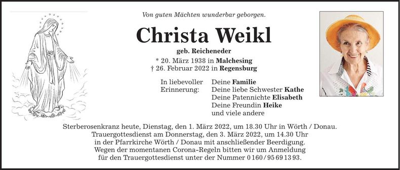 Traueranzeige Christa Weikl