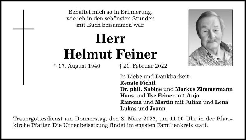 Traueranzeige Helmut Feiner