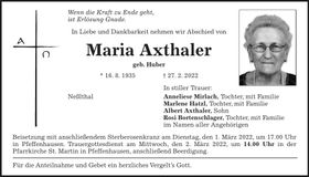Traueranzeige Maria Axthaler