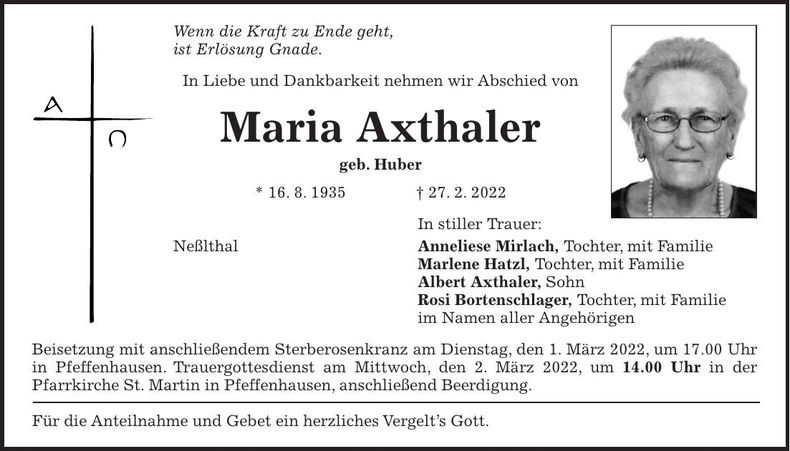 Traueranzeige Maria Axthaler