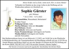 Traueranzeige Sophie Gürster
