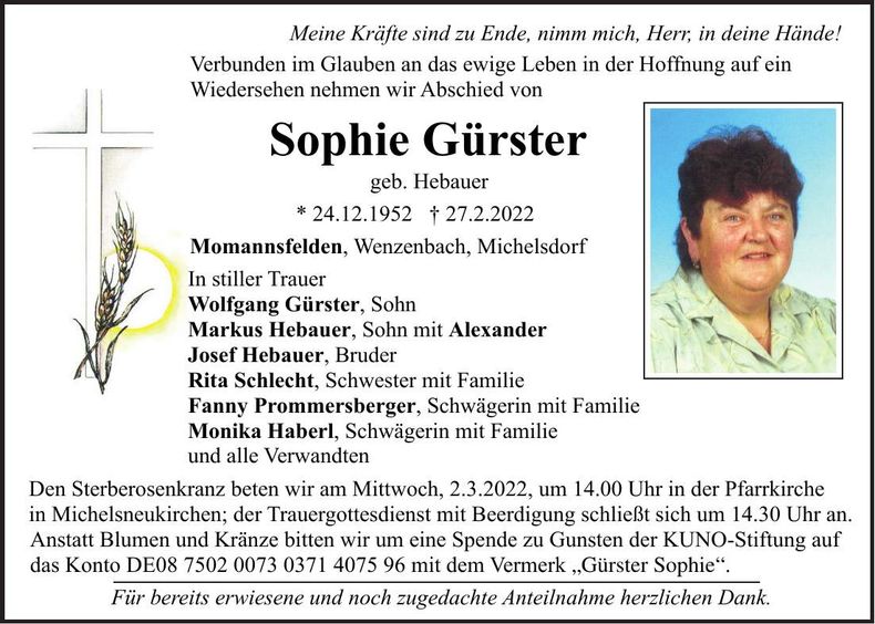 Traueranzeige Sophie Gürster