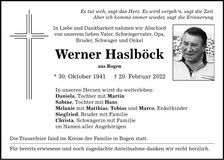 Traueranzeige Werner Haslböck