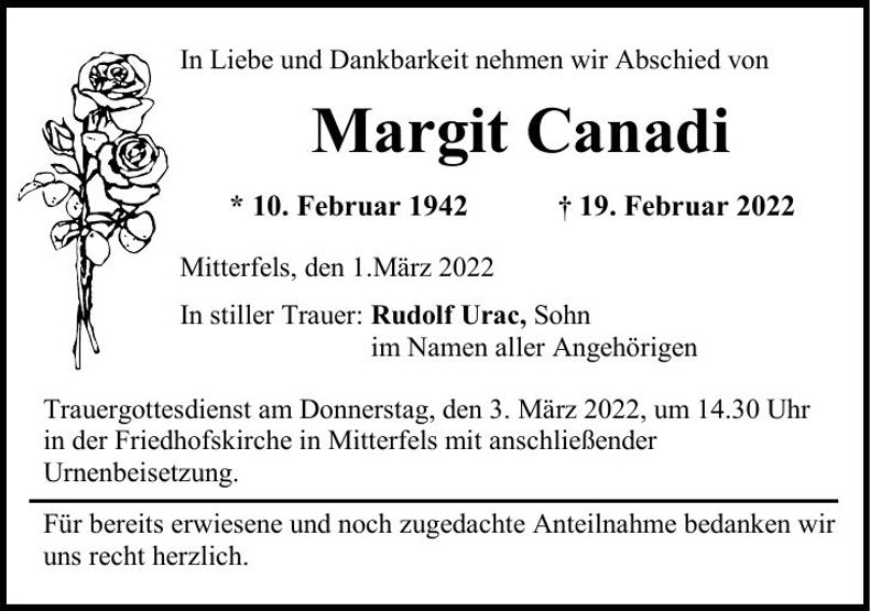 Traueranzeige Margit Canadi