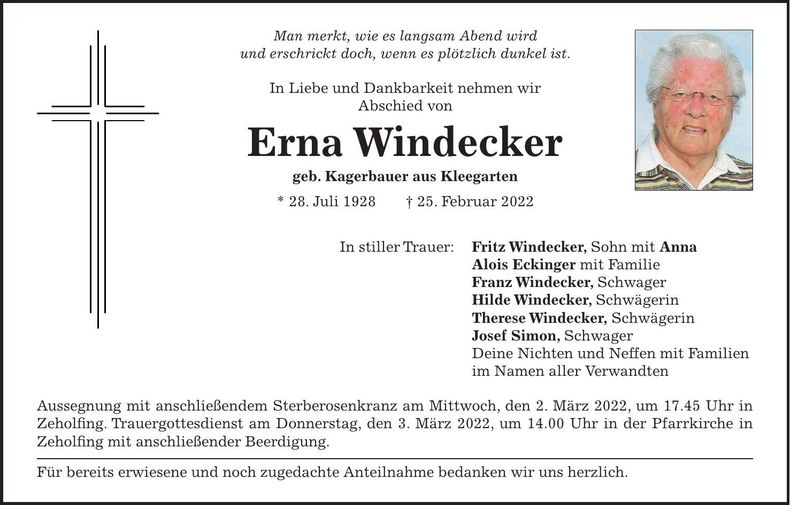 Traueranzeige Erna Windecker