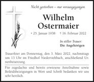 Traueranzeige Wilhelm Ostermaier