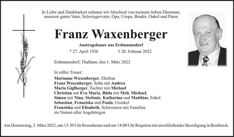 Traueranzeige Franz Waxenberger