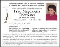Traueranzeige Magdalena Überreiter
