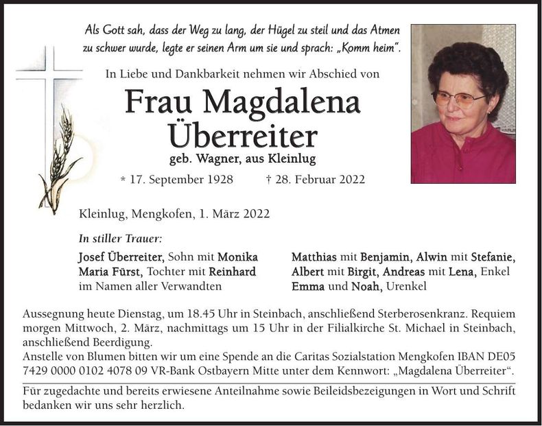 Traueranzeige Magdalena Überreiter