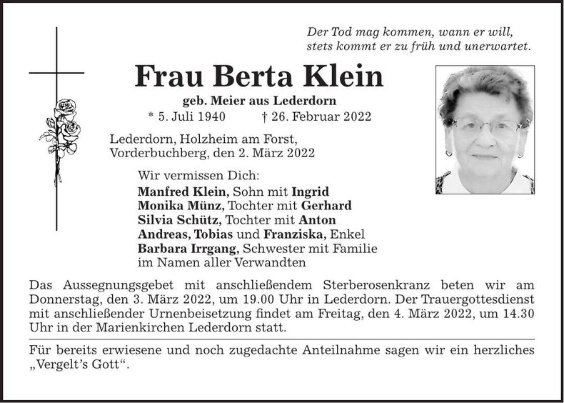 Traueranzeige Berta Klein