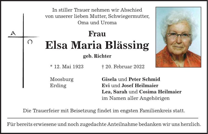 Traueranzeige Elsa Maria Blässing