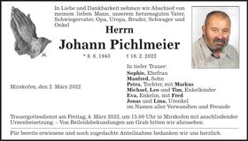 Traueranzeige Johann Pichlmeier