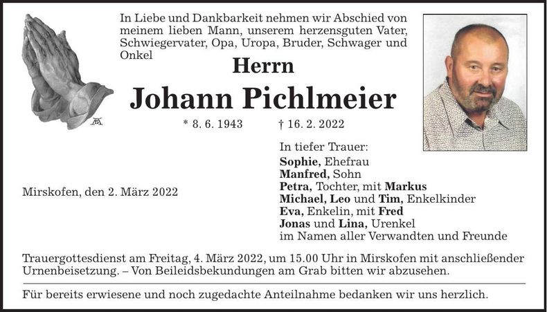 Traueranzeige Johann Pichlmeier