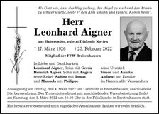 Traueranzeige Leonhard Aigner
