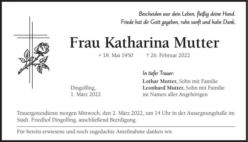 Traueranzeige Katharina Mutter