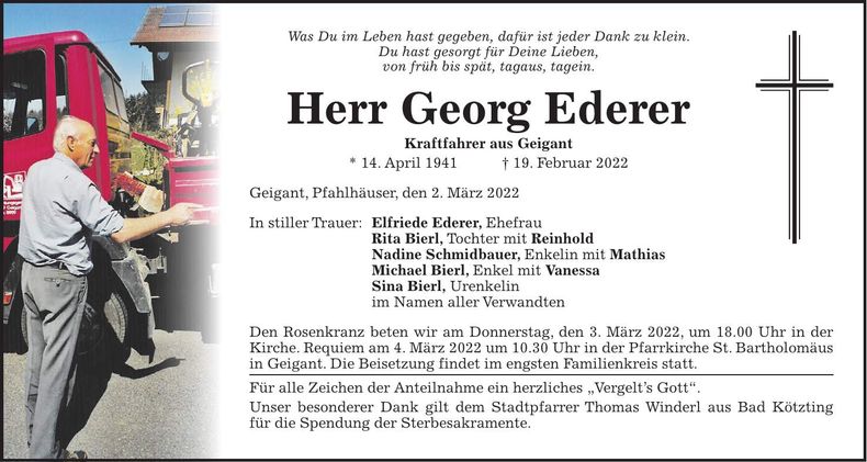 Traueranzeige Georg Ederer
