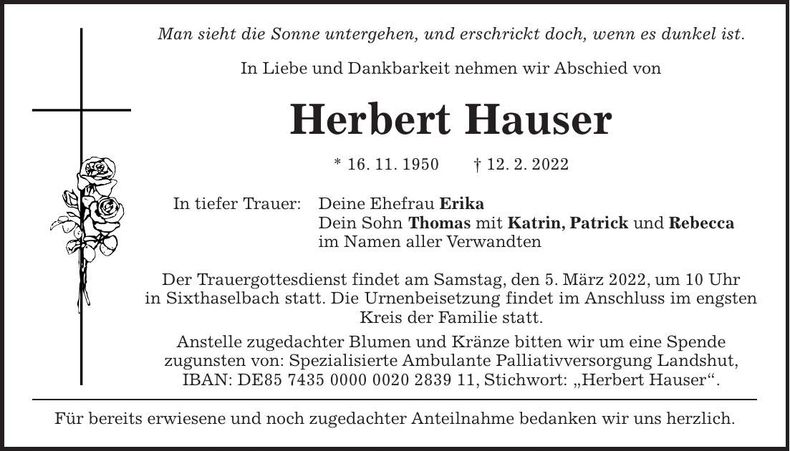 Traueranzeige Herbert Hauser