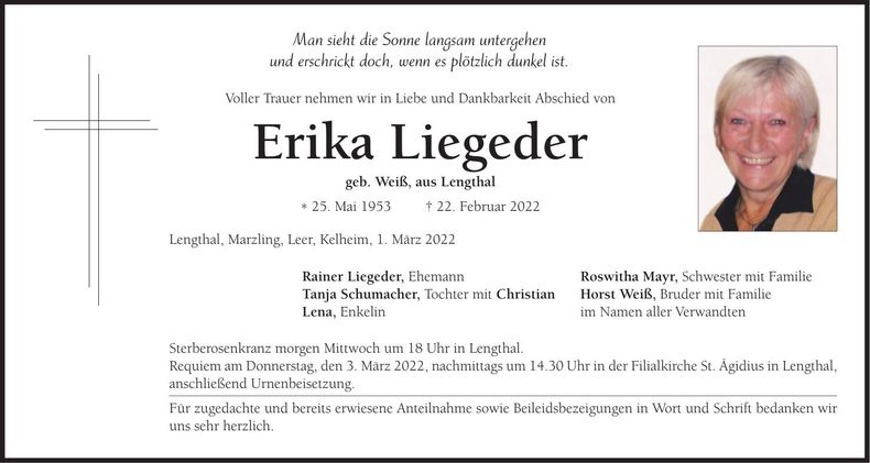 Traueranzeige Erika Liegeder