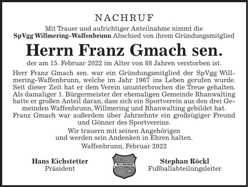 Traueranzeige Franz Gmach