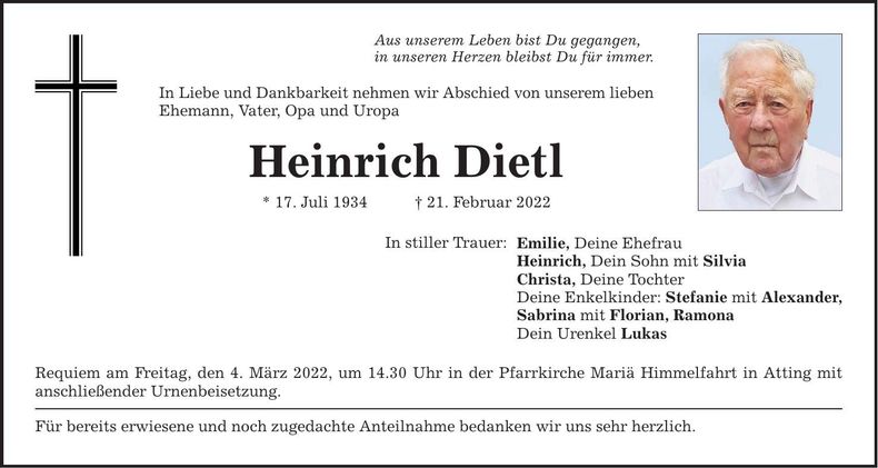 Traueranzeige Heinrich Dietl