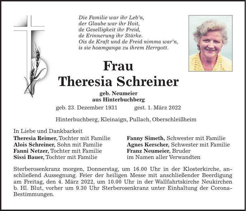 Traueranzeige Theresia Schreiner