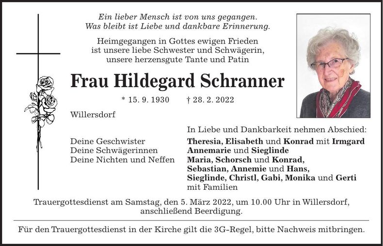 Traueranzeige Hildegard Schranner
