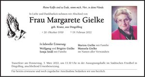 Traueranzeige Magarete Gielke