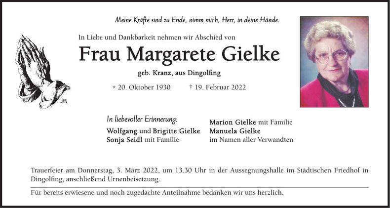 Traueranzeige Magarete Gielke