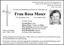 Traueranzeige Rosa Moser