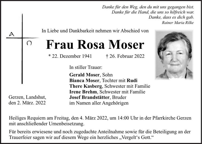 Traueranzeige Rosa Moser