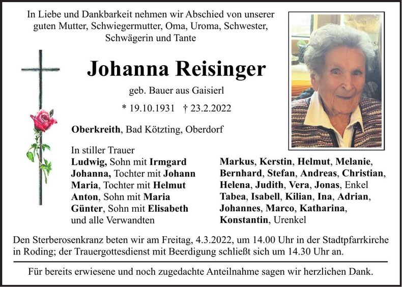 Traueranzeige Johanna Reisinger