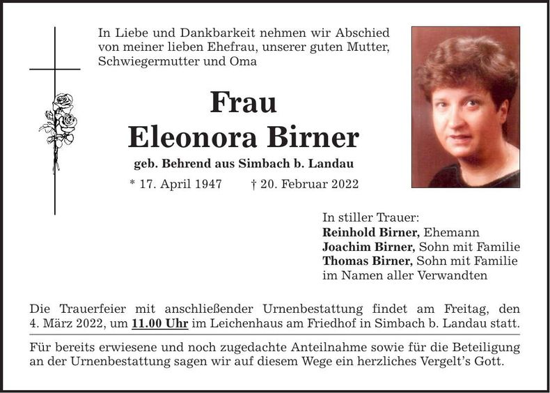 Traueranzeige Elenora Birner