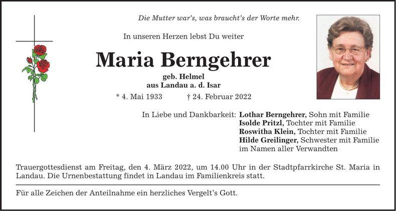 Traueranzeige Maria Berngehrer