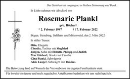 Traueranzeige Rosemarie Plankl